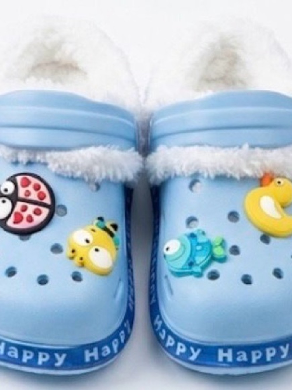 Kids Light Blue Fuzzy-Lined Clogs with Playful Charms